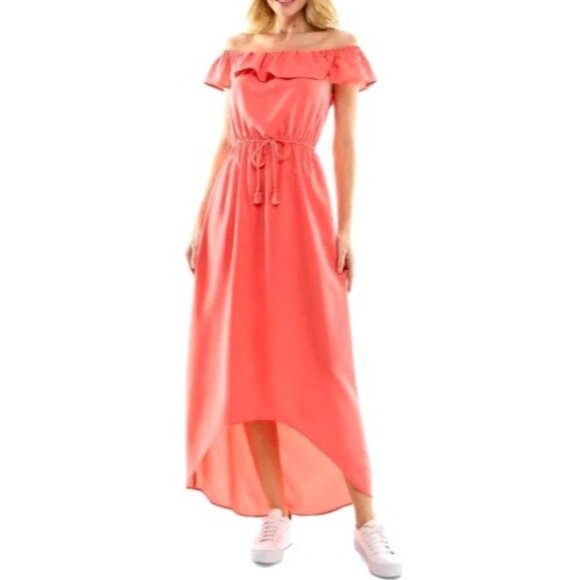 Kingston Grey Off-The-Shoulder High-Low Coral Maxi Dress Juniors XL - Picture 1 of 9